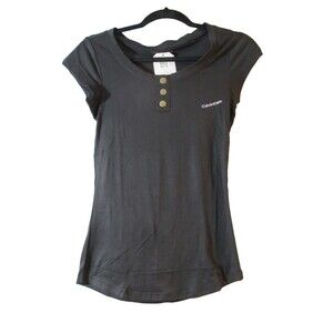 Calvin Klein Jeans Women Black Henley Top Small NWOT Short Sleeve Button Front